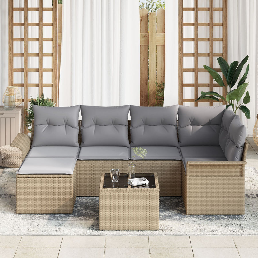7-Delige Tuinbank Set Met Kussens Zwarte Poly Riet