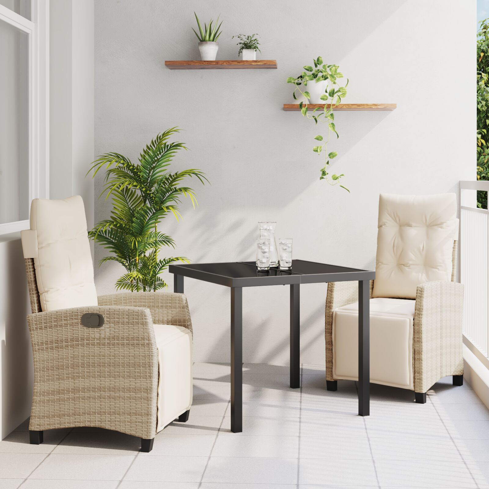 Set Van 2 Beige Pe Rattan 2-Zit Verstelbare Voetensteunen