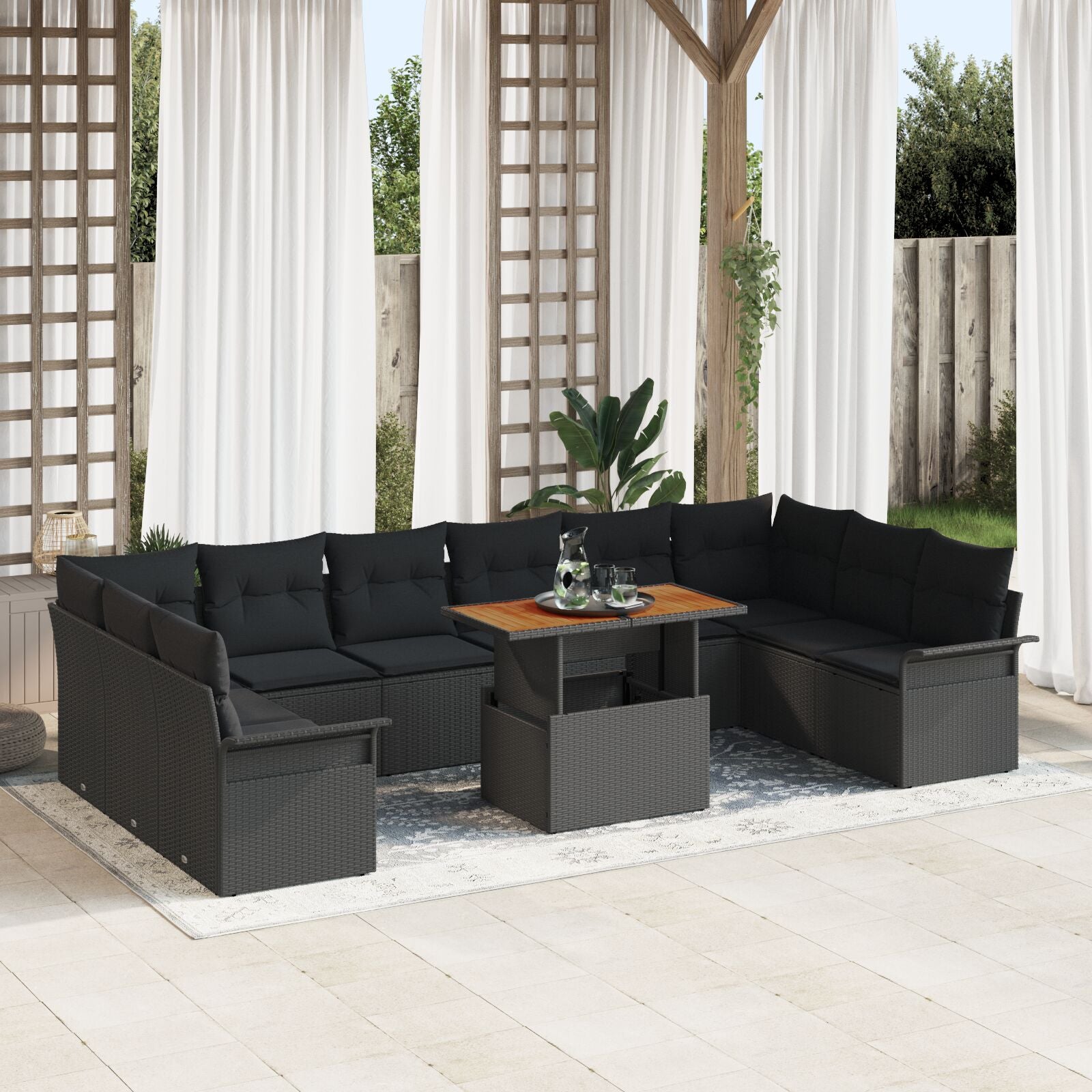 11-Delige Tuin Eettafel Set Met Kussens Zwart Poly Rattan Acacia