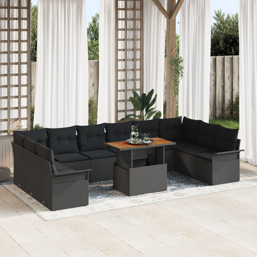 11-Delige Tuin Eettafel Set Met Kussens Zwart Poly Rattan Acacia