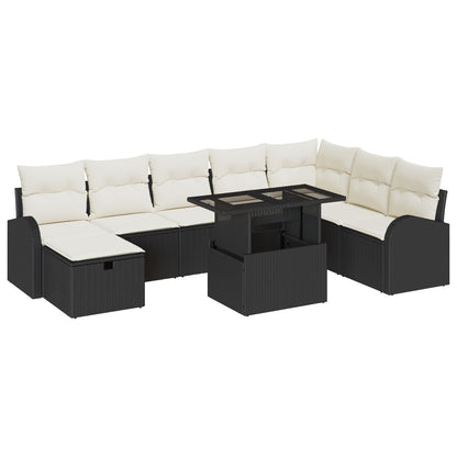 9-Delige Tuin Sofa Set Met Kussens Zwart Poly Rattan