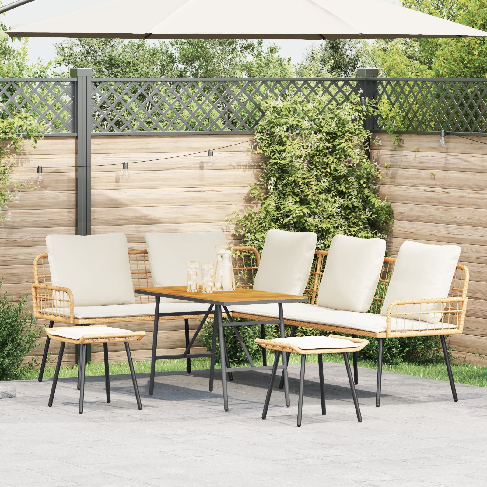 4-Delig Tuinbankstel Met Kussens Poly Rattan Natuurlijk Sofa + tafel + voetenbank