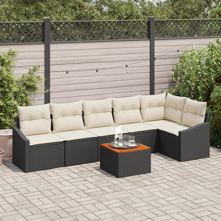 7-Delige Tuinbankset Met Kussens Zwart Poly Rattan Acacia
