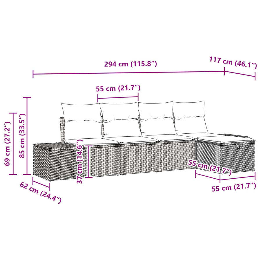 5-Delige Tuin Sofa Set Met Kussens Grijs Poly Rattan Wit