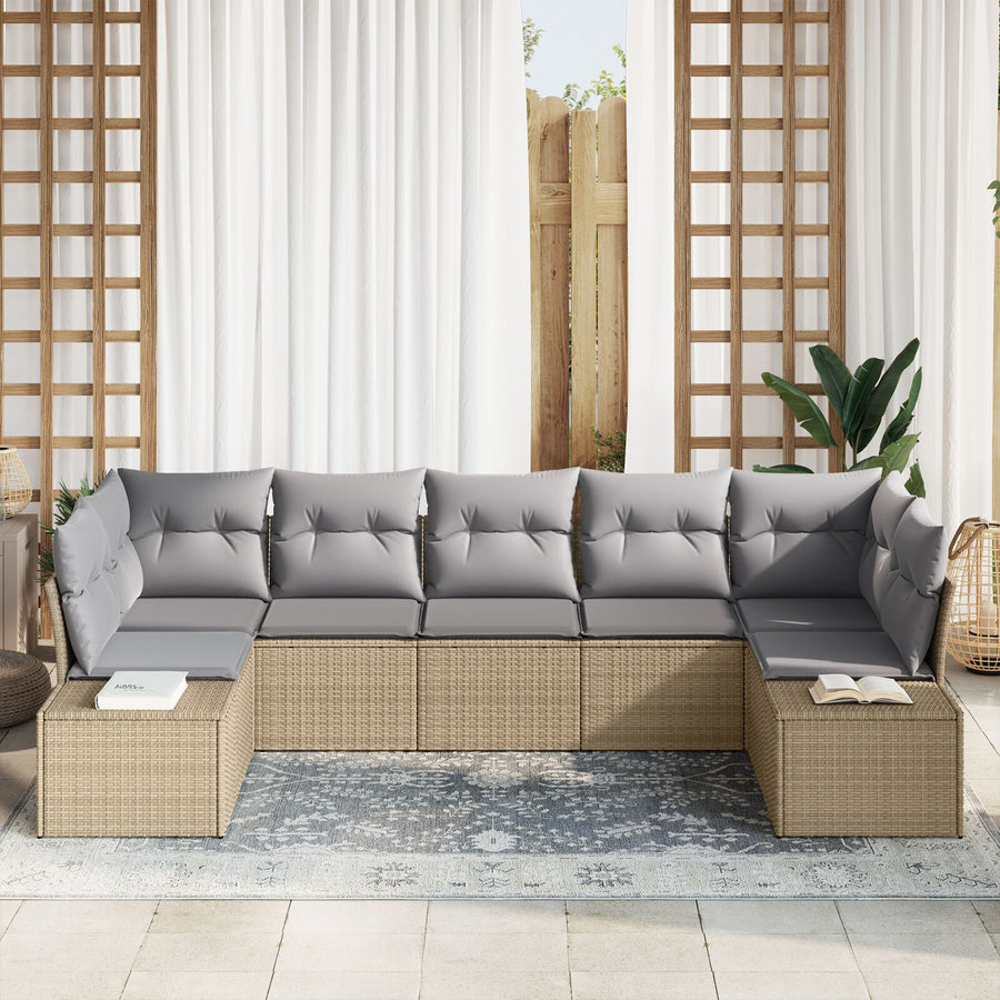 7-Delige Tuinbank Set Met Kussens Beige Poly Rattan