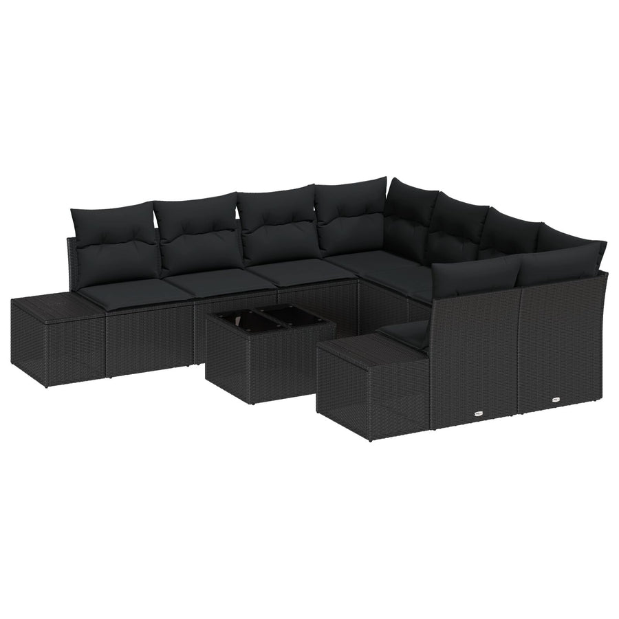 9-Delig Tuinbankstel Met Kussens Zwart Poly Rattan
