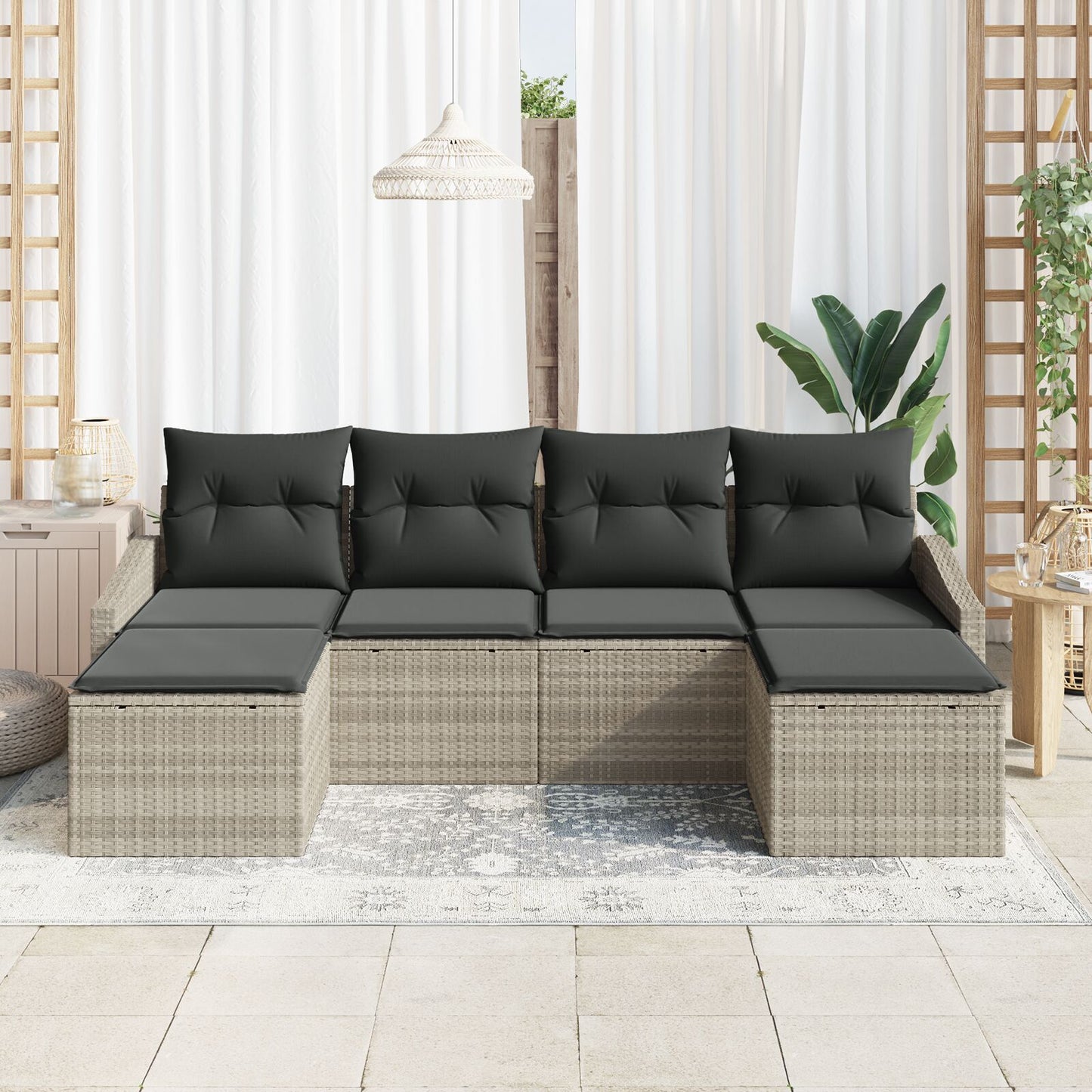 6-Delige Tuin Sofa Set Met Kussens Licht Grijs Poly Rattan