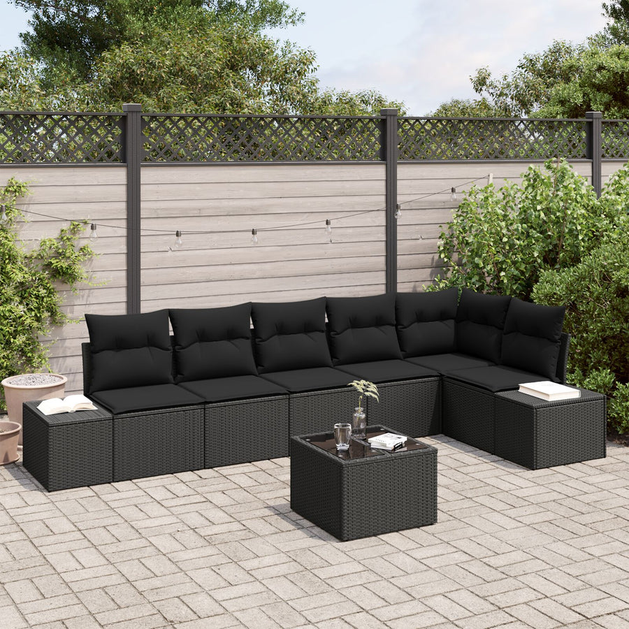 7-Delige Tuin Sofa Set Met Kussens Beige Poly Rattan Zwart met tafel