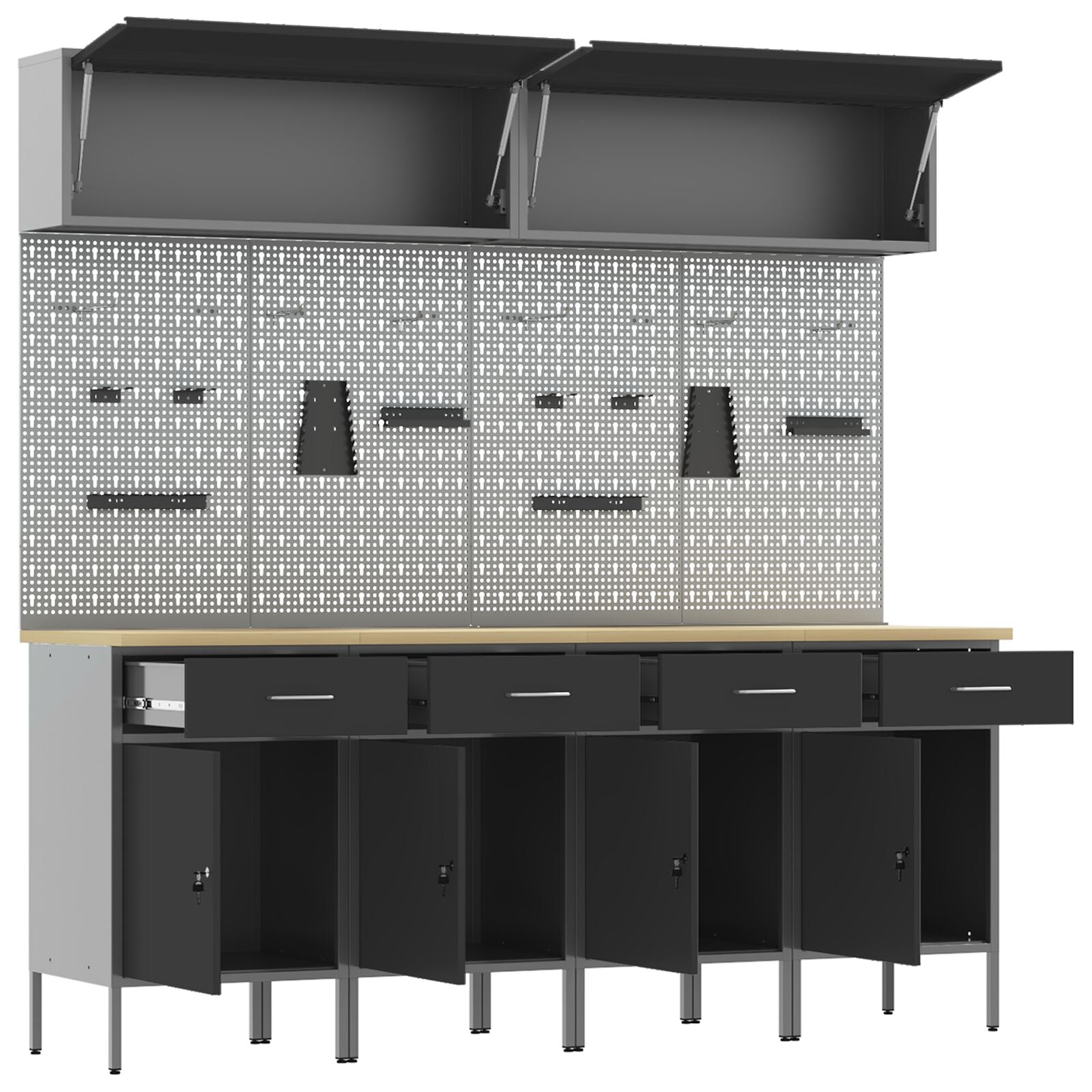 10-Delige Werkcabinet En Pegboard Set Mdf En Metaal 4x (84 cm) Zwart 4x kast + 4x pegboard + 2x kast met deur