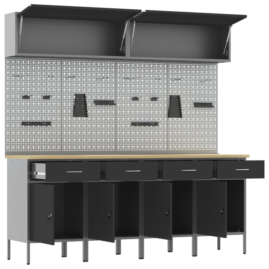 10-Delige Werkcabinet En Pegboard Set Mdf En Metaal 4x (84 cm) Zwart 4x kast + 4x pegboard + 2x kast met deur