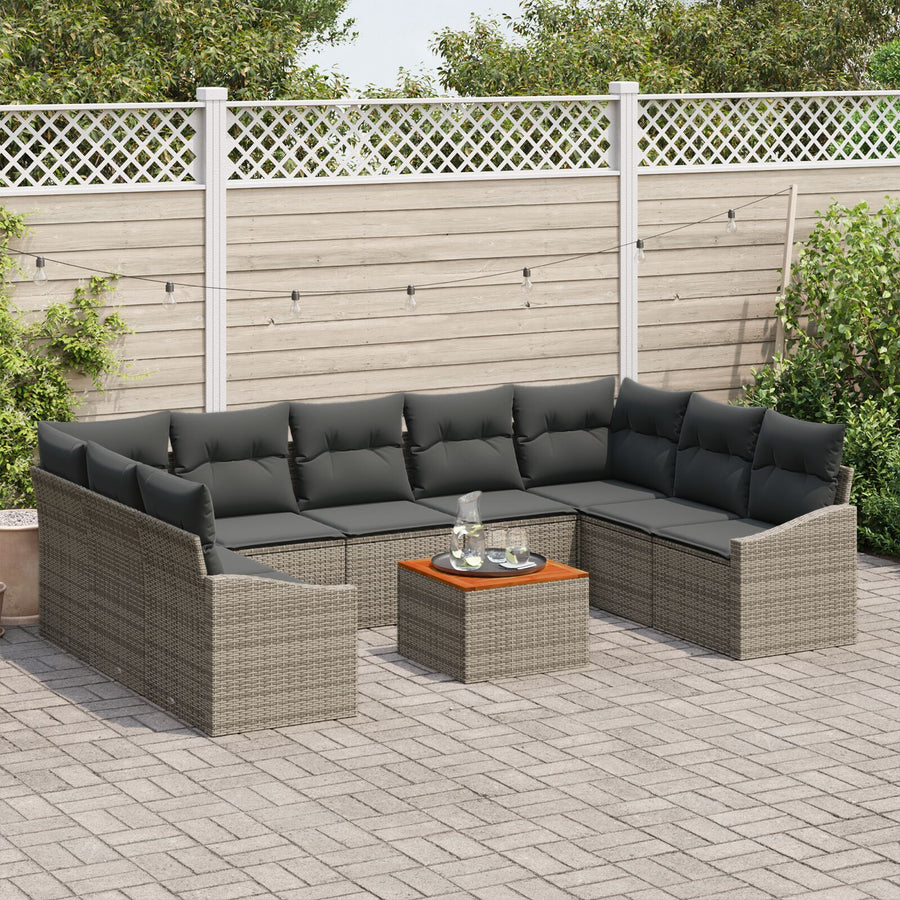 10-Delige Tuin Sofa Set Met Kussens Grijs Poly Rattan Acacia