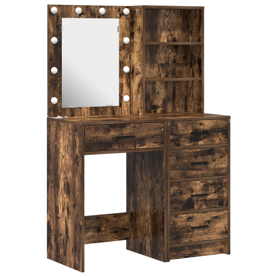2-Delige Make-Uptafel Set Met Led Gerookt Eiken Geengineerd Hout