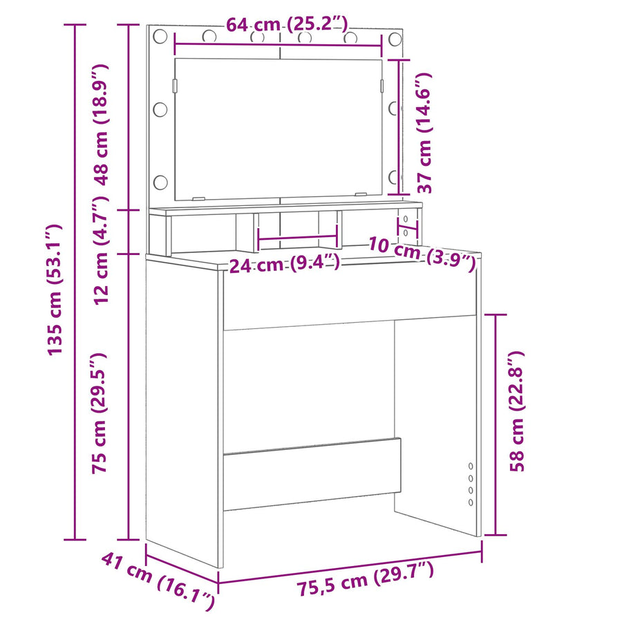 Kaptafel Met Led Verlichting 79X41X135 Cm Grijs sonoma 75,5 x 41 x 135 cm