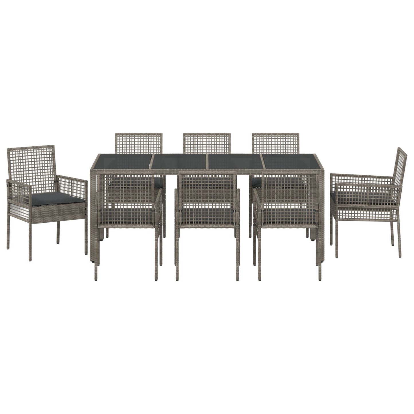 9-Delige Tuintafelset Met Kussens Grijs Poly Rattan