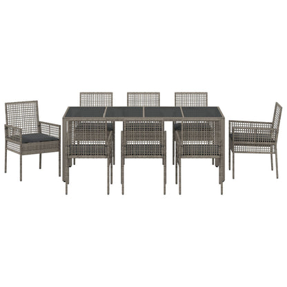 9-Delige Tuintafelset Met Kussens Grijs Poly Rattan