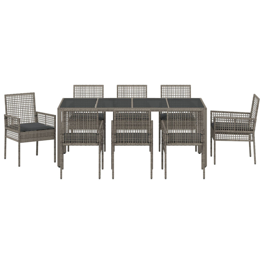 9-Delige Tuintafelset Met Kussens Grijs Poly Rattan