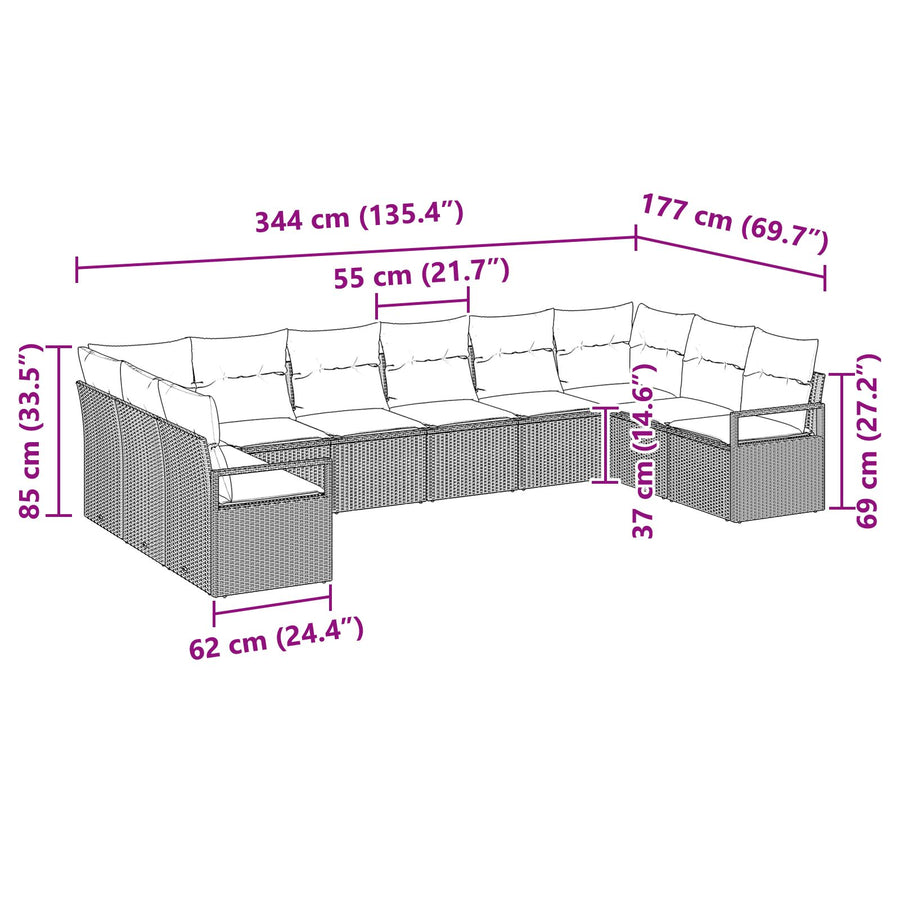 10-Delige Tuinset Met Kussens Zwart Poly Rattan,  2-Zits Tuinbank Met Kussens Zwart Poly Rattan