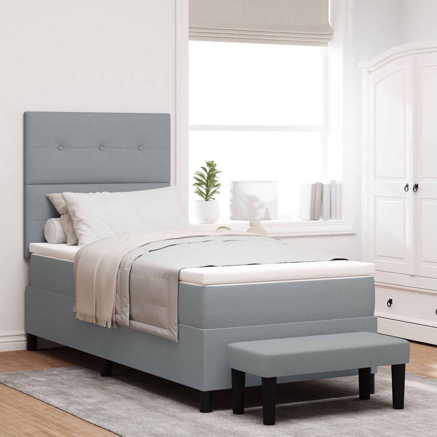 Boxspringbed Met Matras & Bankje Stof Lichtgrijs 80 x 200 cm Knopgeknopt