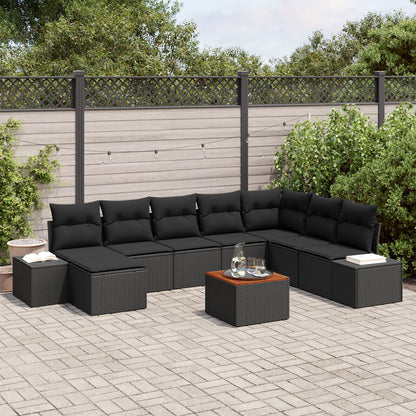 9 Delige Tuin Sofa Set Met Kussens Zwart Poly Rattan Acacia