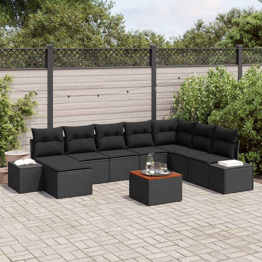 9 Delige Tuin Sofa Set Met Kussens Zwart Poly Rattan Acacia