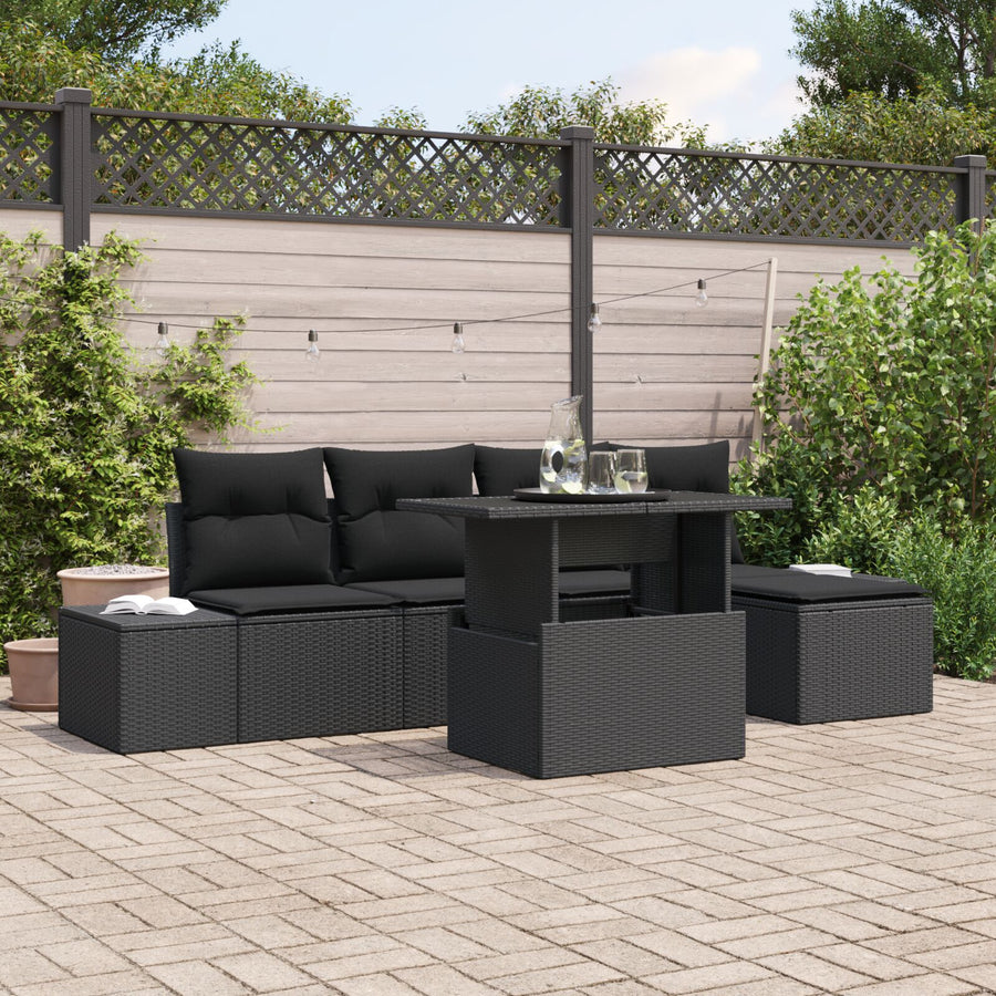 6 Delige Tuin Sofa Set Met Kussens Zwarte Poly Rattan