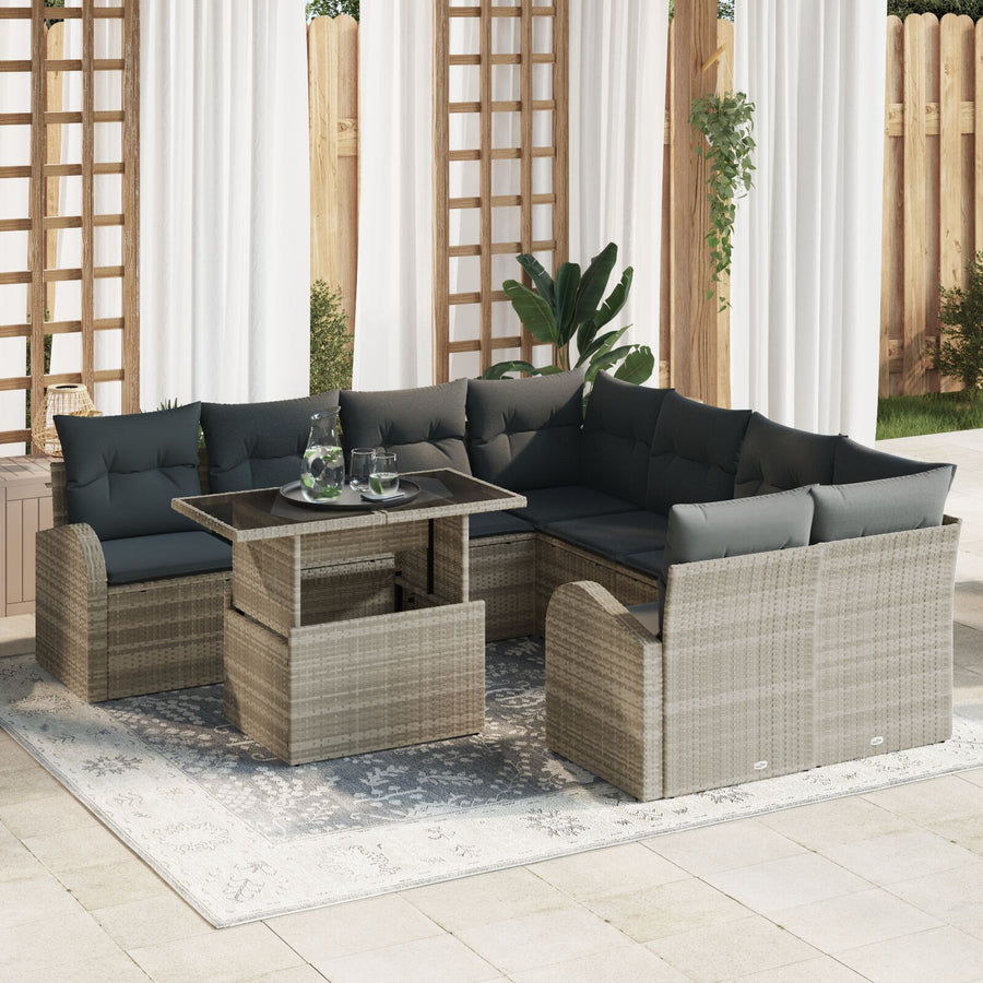 9-Delig Tuinbankstel Met Kussens Lichtgrijs Poly Rattan