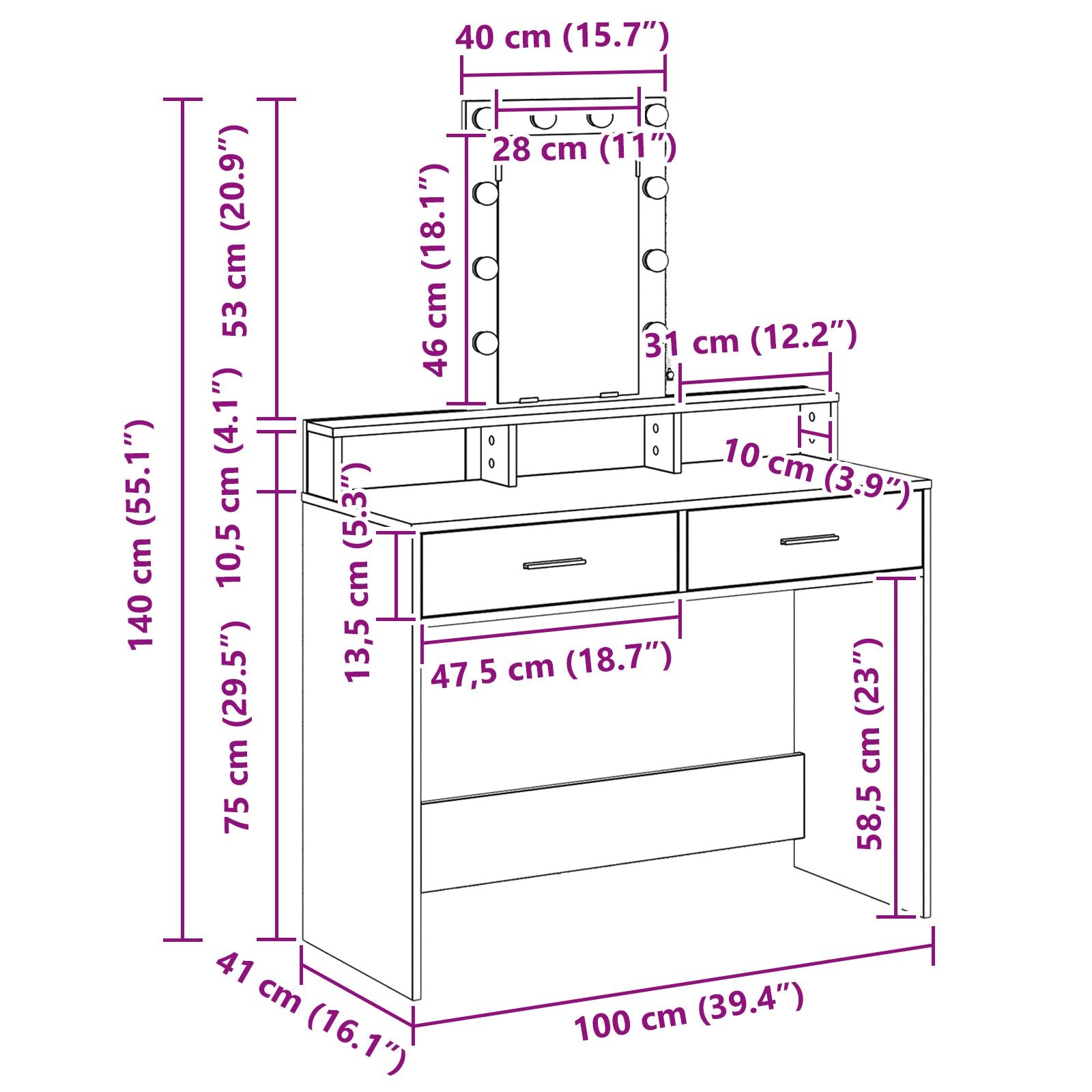 Kaptafel Met Led Verlichting Zwart eiken 100 x 41 x 140 cm