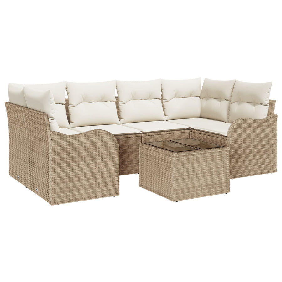 7-delige Tuinbank Set met Kussens Beige Poly Riet, vidaXL 2-zits Tuinbank met Kussens Beige Poly Riet