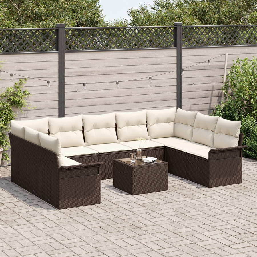 9 Persoons Tuinsofa Set Met Kussens Grijs Poly Rattan Bruin en crème met tafel