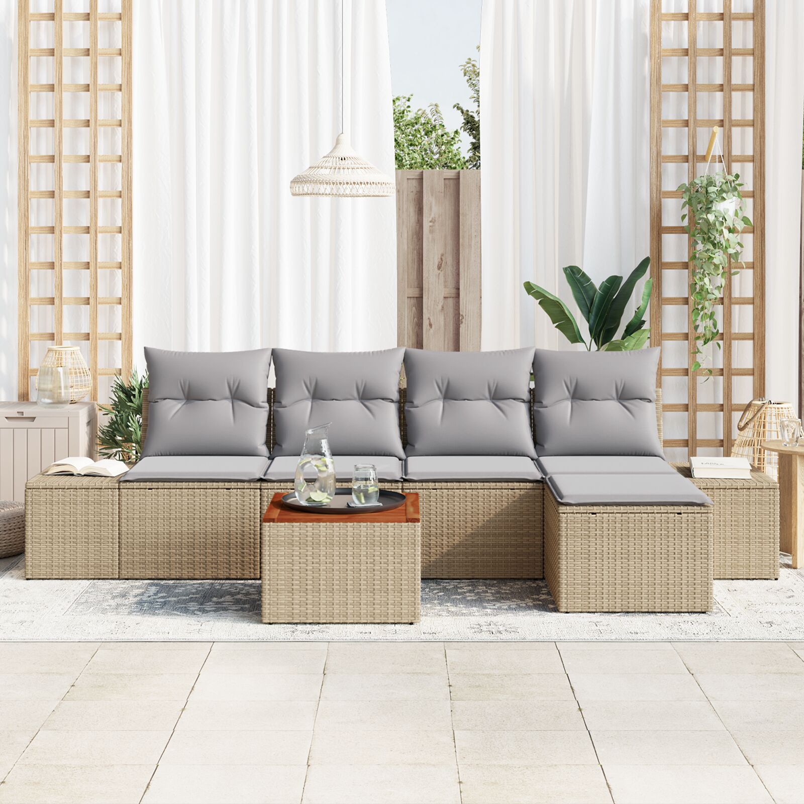 6-Delige Tuin Sofa Set Met Kussens Beige Poly Rattan Acacia