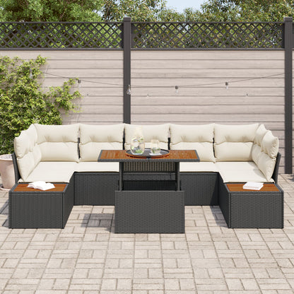 8-Delige Tuin Eettafel Set Met Kussens Zwarte Poly Rattan Acacia