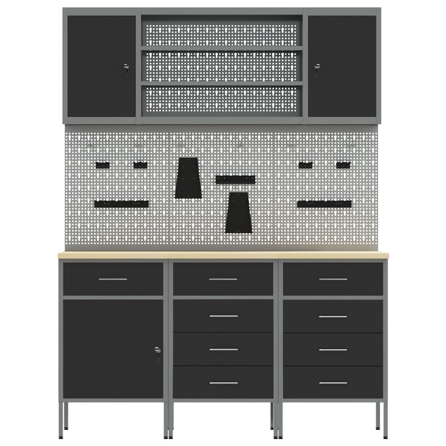 7-Delige Werkbankset Staal 3x (84/85/85 cm) Zwart 4x kast + 4x pegboard