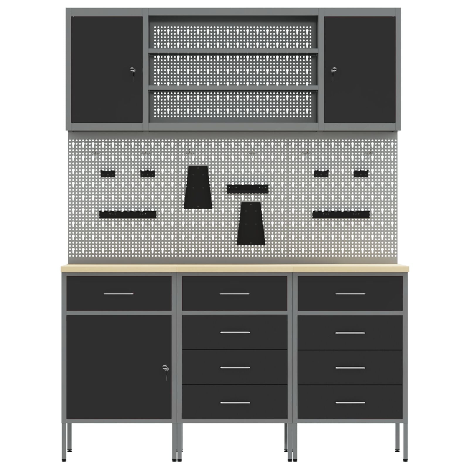 7-Delige Werkbankset Staal 3x (84/85/85 cm) Zwart 4x kast + 4x pegboard