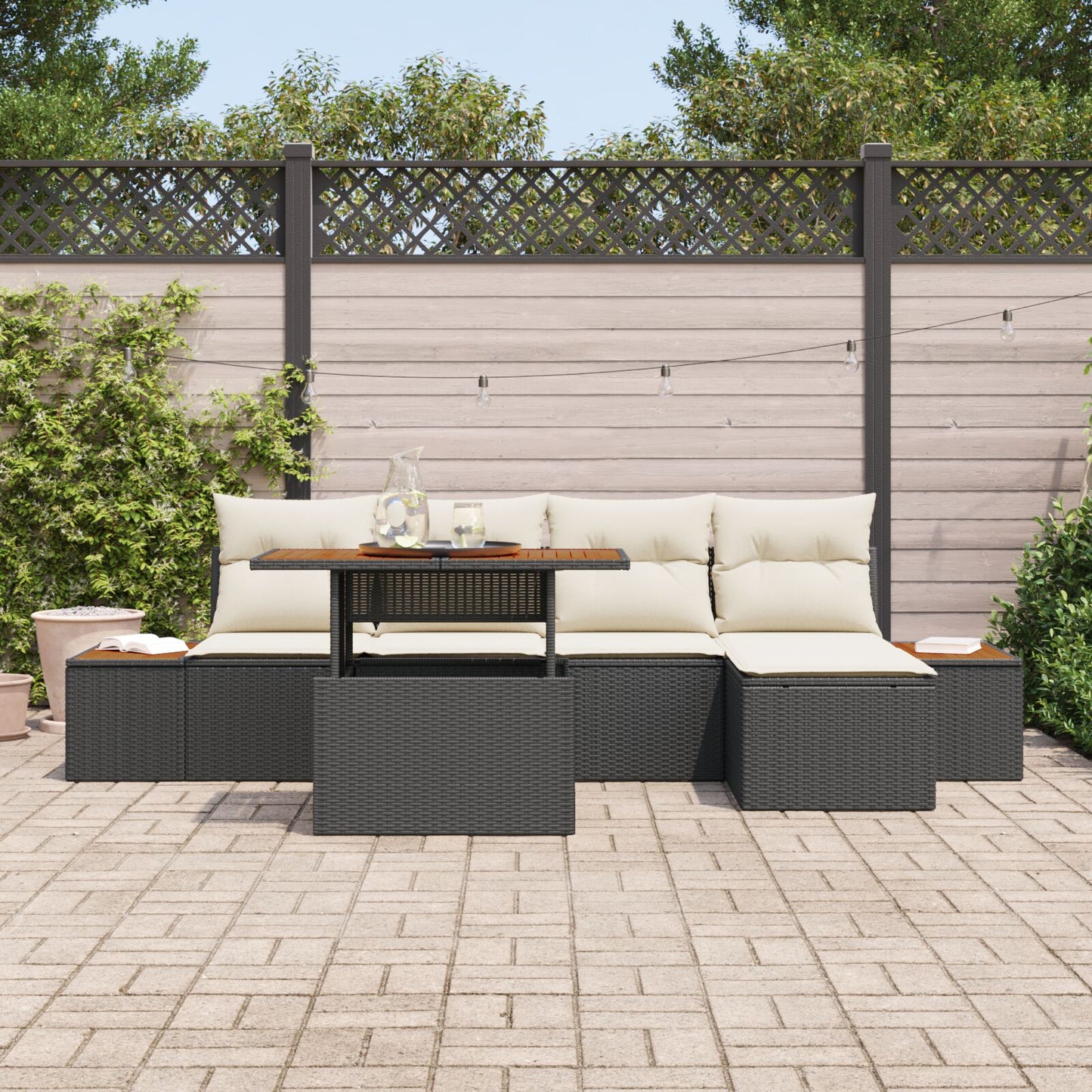Tuin Sofa Set Set Van 6 Zwart En Crème Polyrattan En Staal