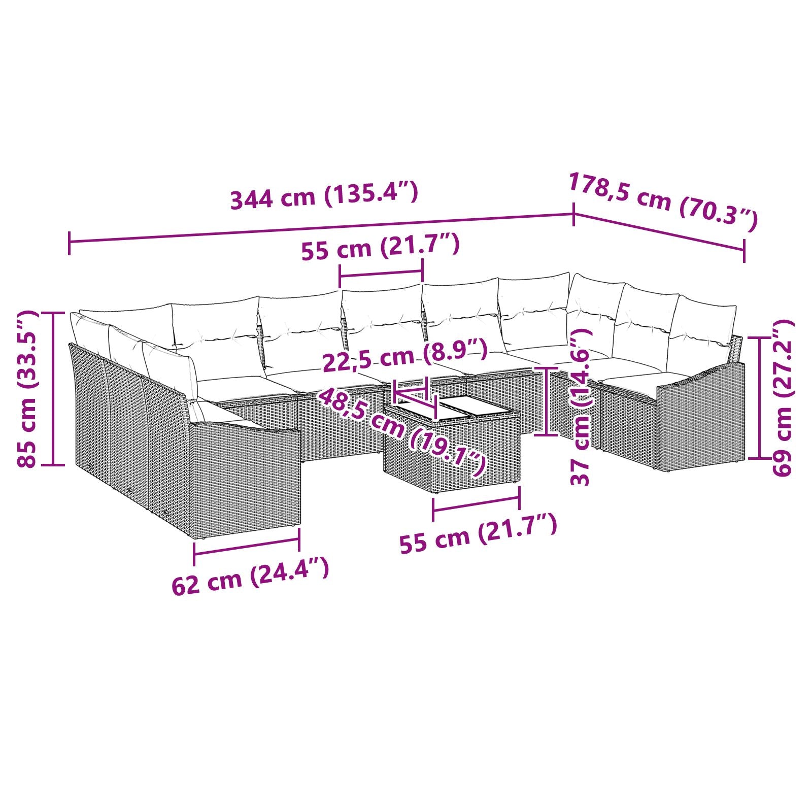 10-Delig Tuin Sofa Set Met Kussens Bruin Poly Rattan Zwart en crème met tafel