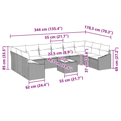 10-Delig Tuin Sofa Set Met Kussens Bruin Poly Rattan Zwart en crème met tafel