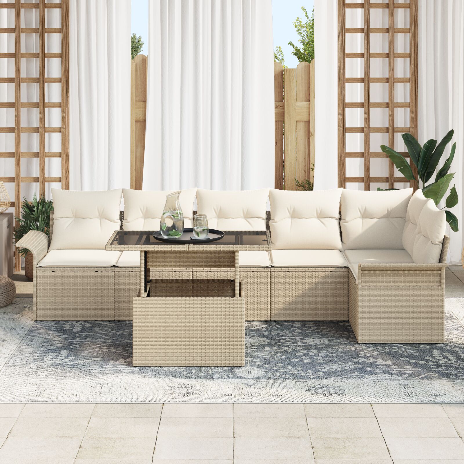 7-Delige Tuinbankset Met Kussens Beige Poly Rattan