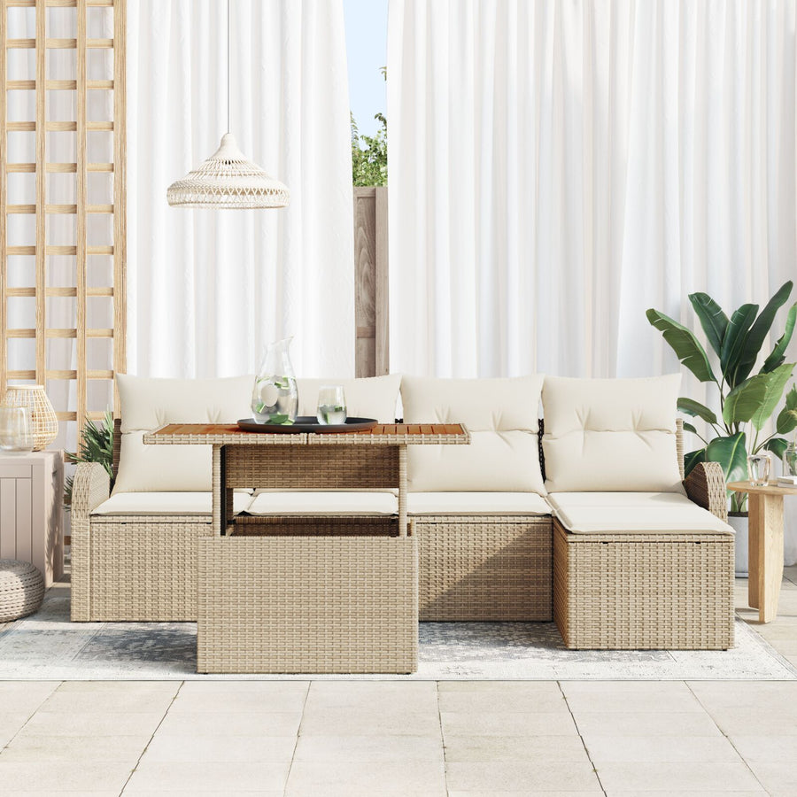 6-Delige Tuin Eetset Met Kussens Beige Poly Rattan Acacia