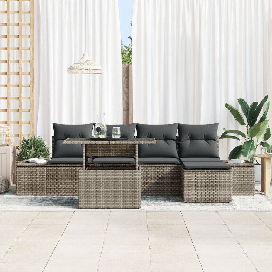 6-Delige Tuinbankset Met Kussens Grijs Poly Rattan