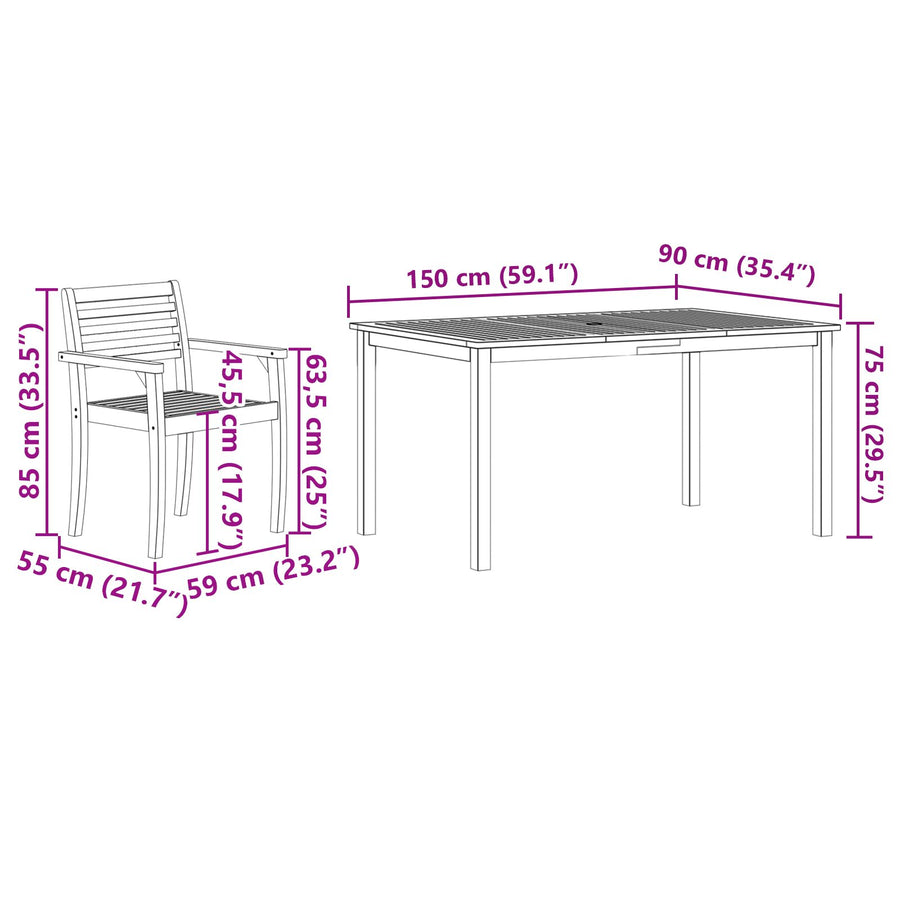 5-Delige Tuin Eetset In Massief Acaciahout 4-Persoons 150 cm tafel lengte