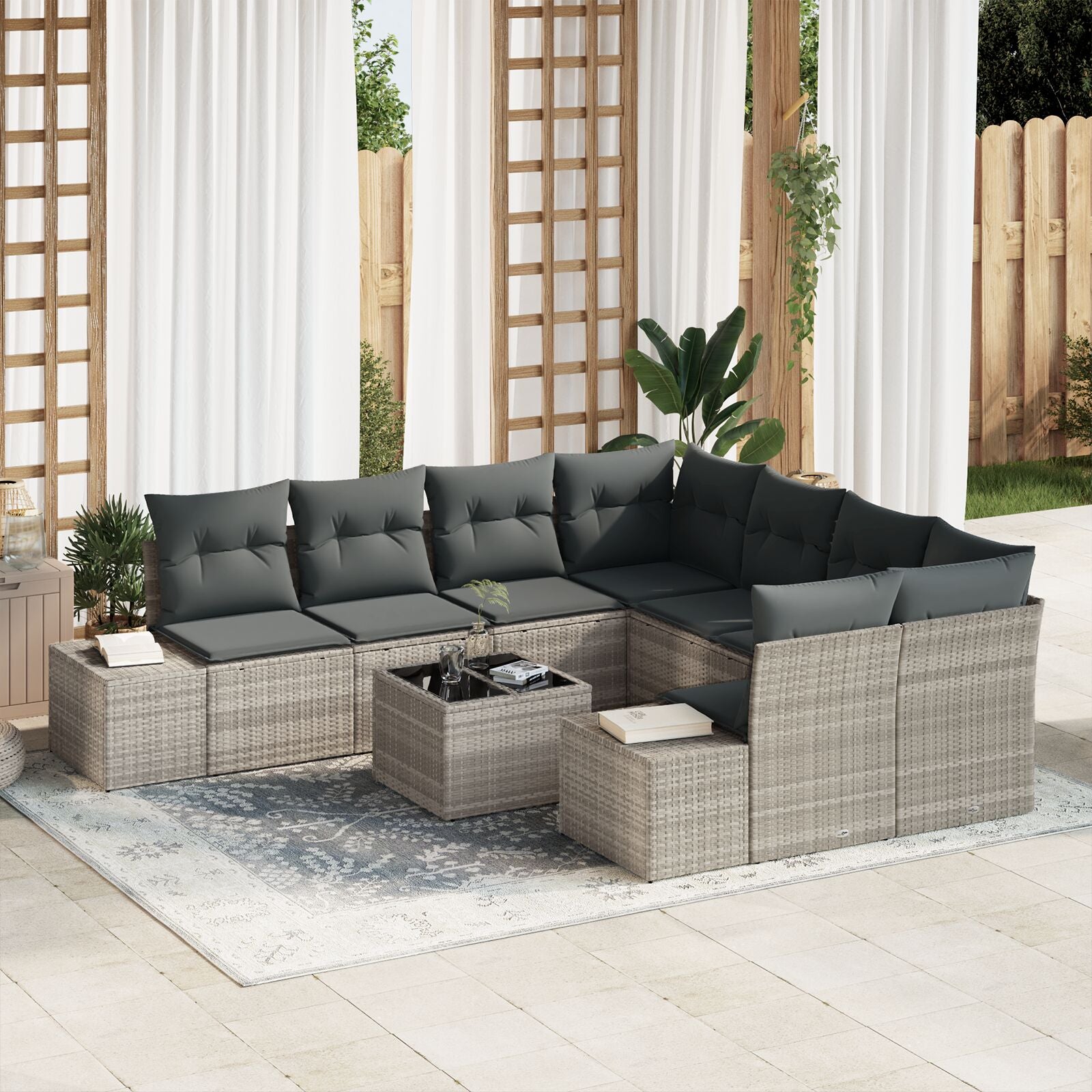 9-Delige Tuinbankset Met Kussens Lichtgrijs Poly Rattan