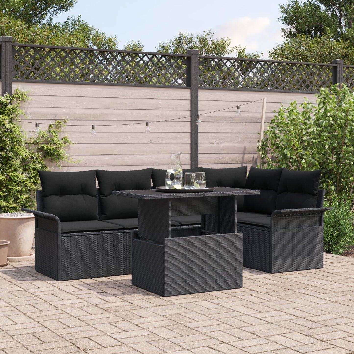 6-Delige Tuinsalon Set Met Kussens Zwart Poly Rattan
