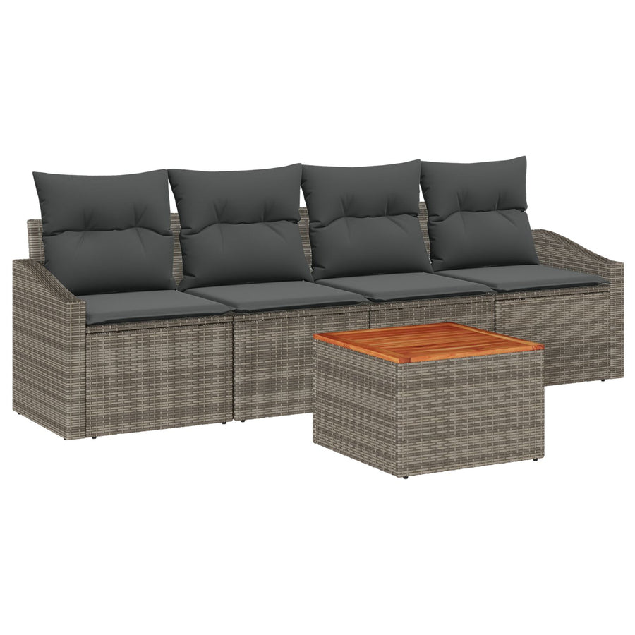 5-Delig Tuinbankstel Met Kussens In Grijs Poly Rattan Acacia