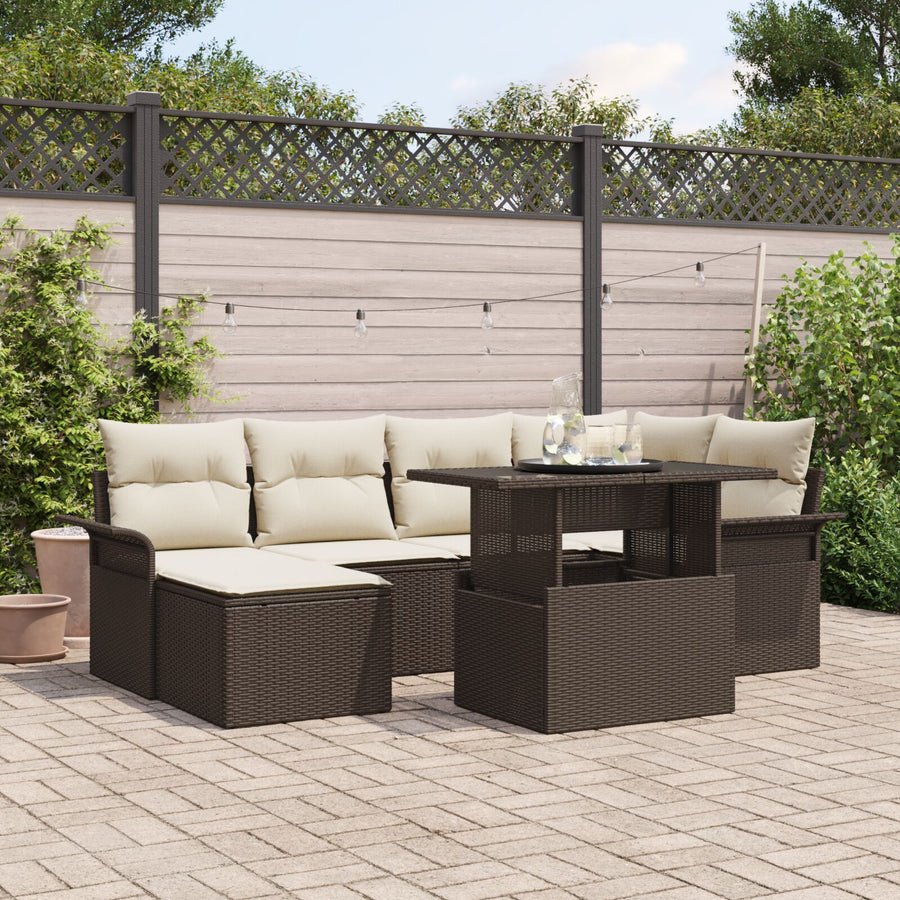 7-Delige Tuin Sofa Set Met Kussens Bruine Poly Riet