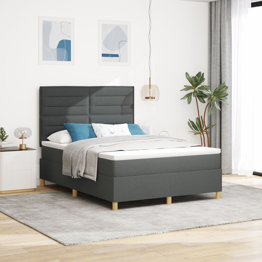 Boxspring Bed Met Matras & Led Donkergrijs 140X190 Cm Stof Blauw