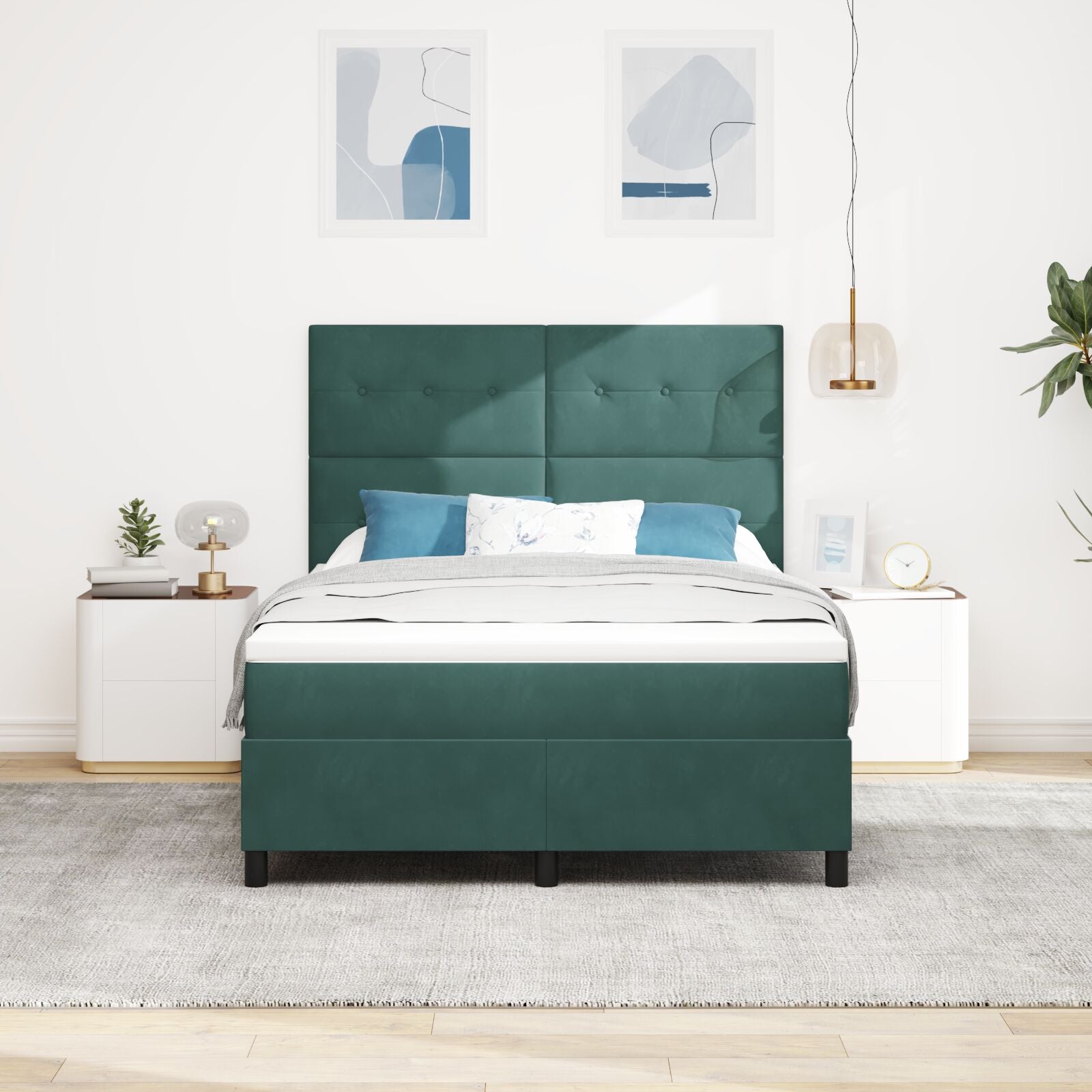Boxspring Bed Met Matras Donkergroen 140X190 Cm Fluweel Blauw