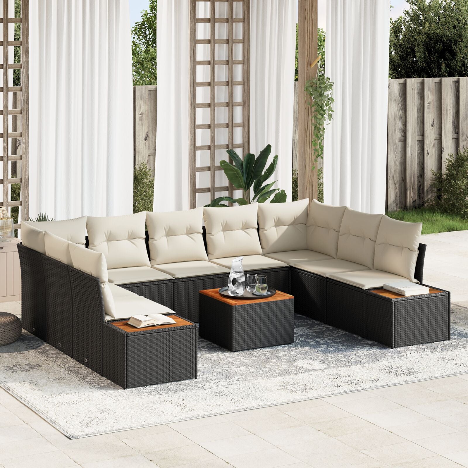 10 Delige Tuin Sofa Set Met Kussens Zwart Poly Rattan Acacia