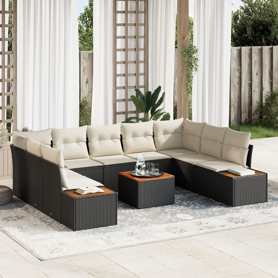 10 Delige Tuin Sofa Set Met Kussens Zwart Poly Rattan Acacia