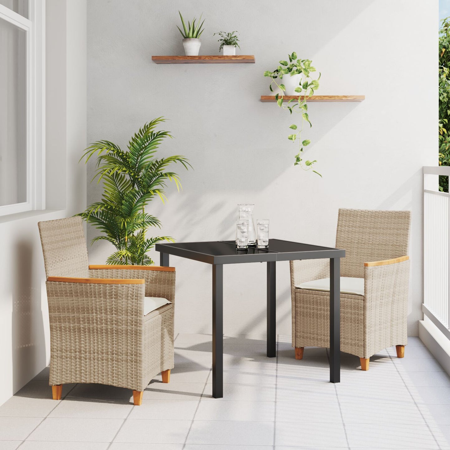 3-Delige Tuin Eetset Met Kussens Beige Poly Riet