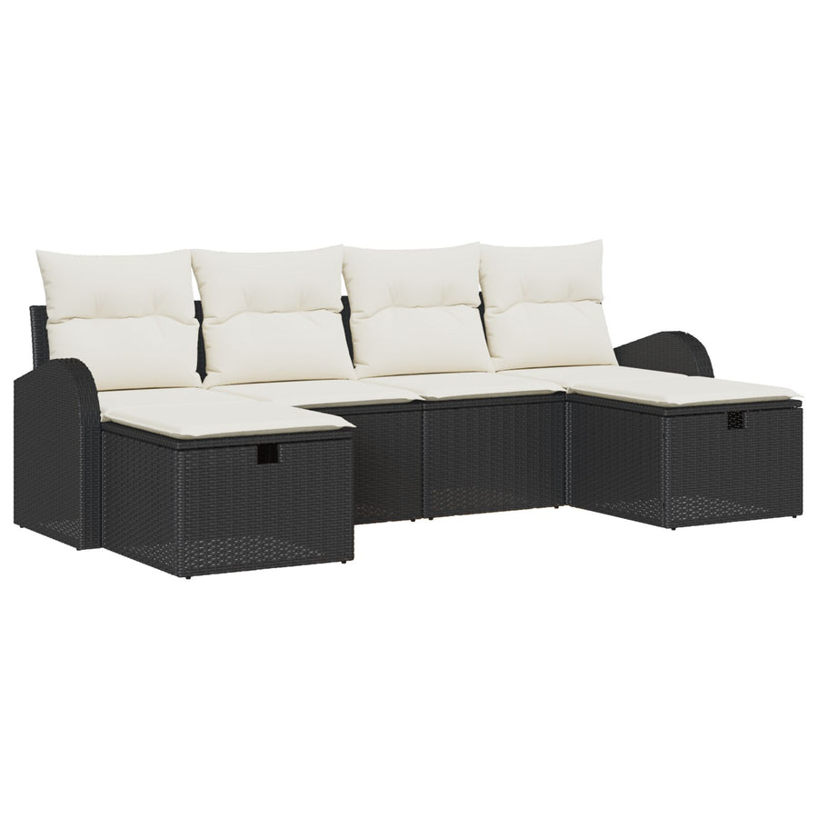 6-Delige Tuinbankset Met Kussens Zwart Poly Rattan